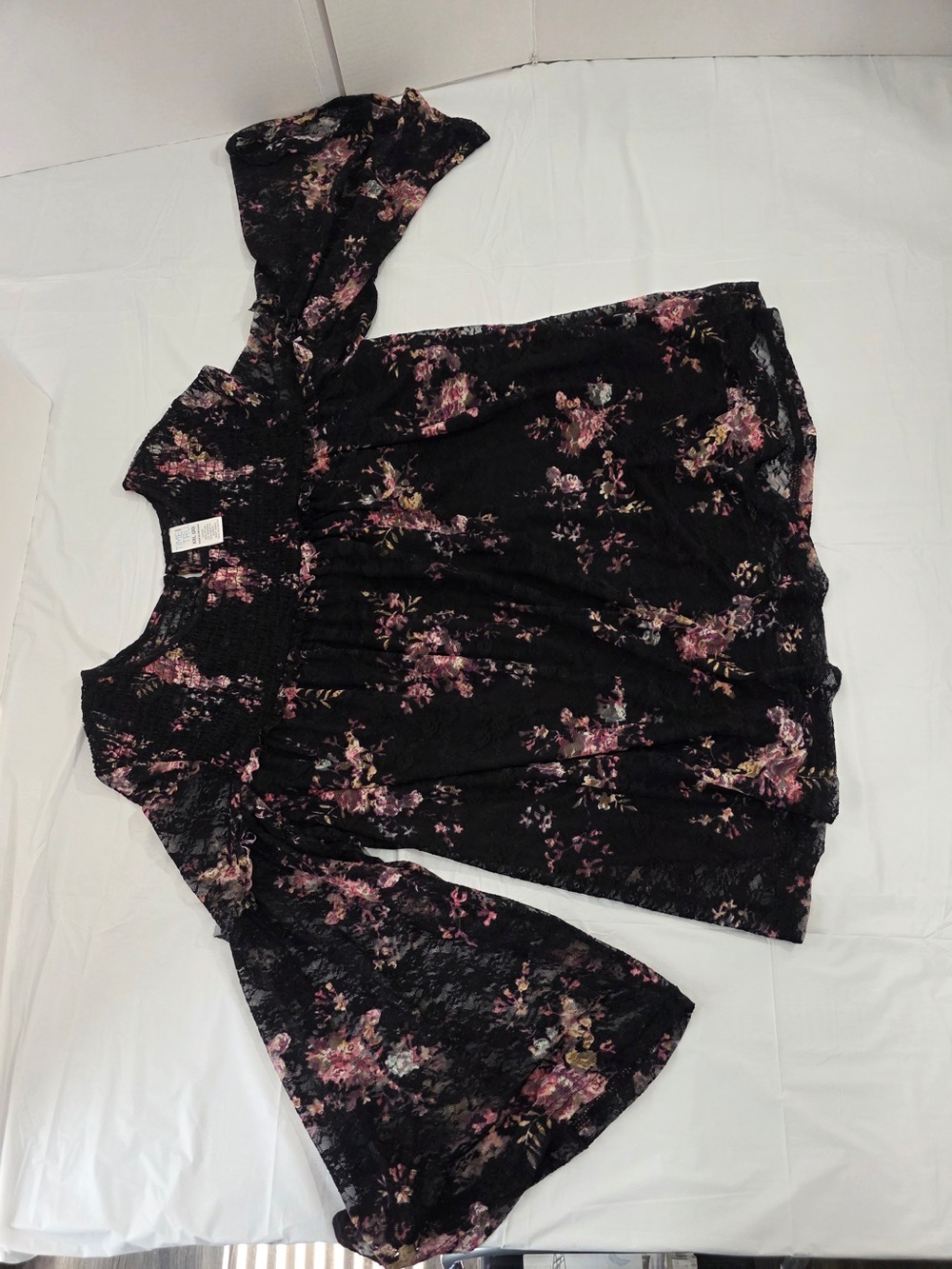 Time and Tru Black Floral Lace Bell-Sleeve Blouse - Picture 1 of 9